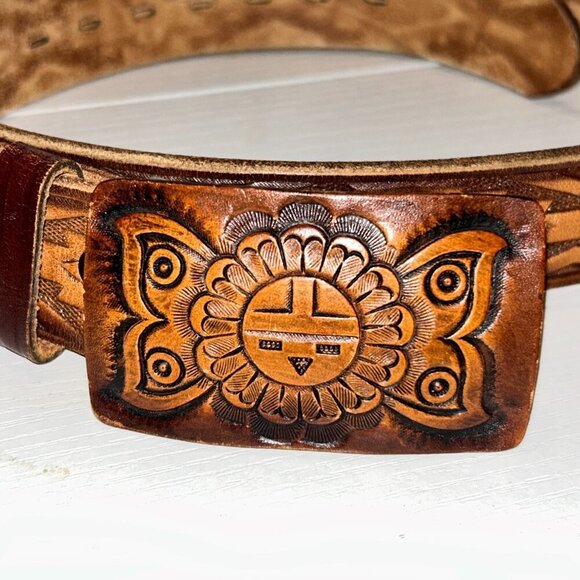 Zuni Sun Face Leather Belt Buckle and Chambers Belt Hand Carved Size 34 - Picture 2 of 10